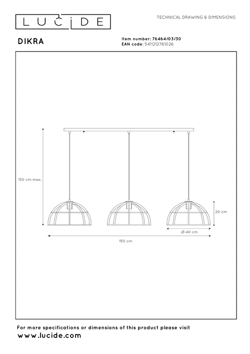 Lucide DIKRA - Pendant light - Ø 40 cm - 3xE27 - Black - technical
